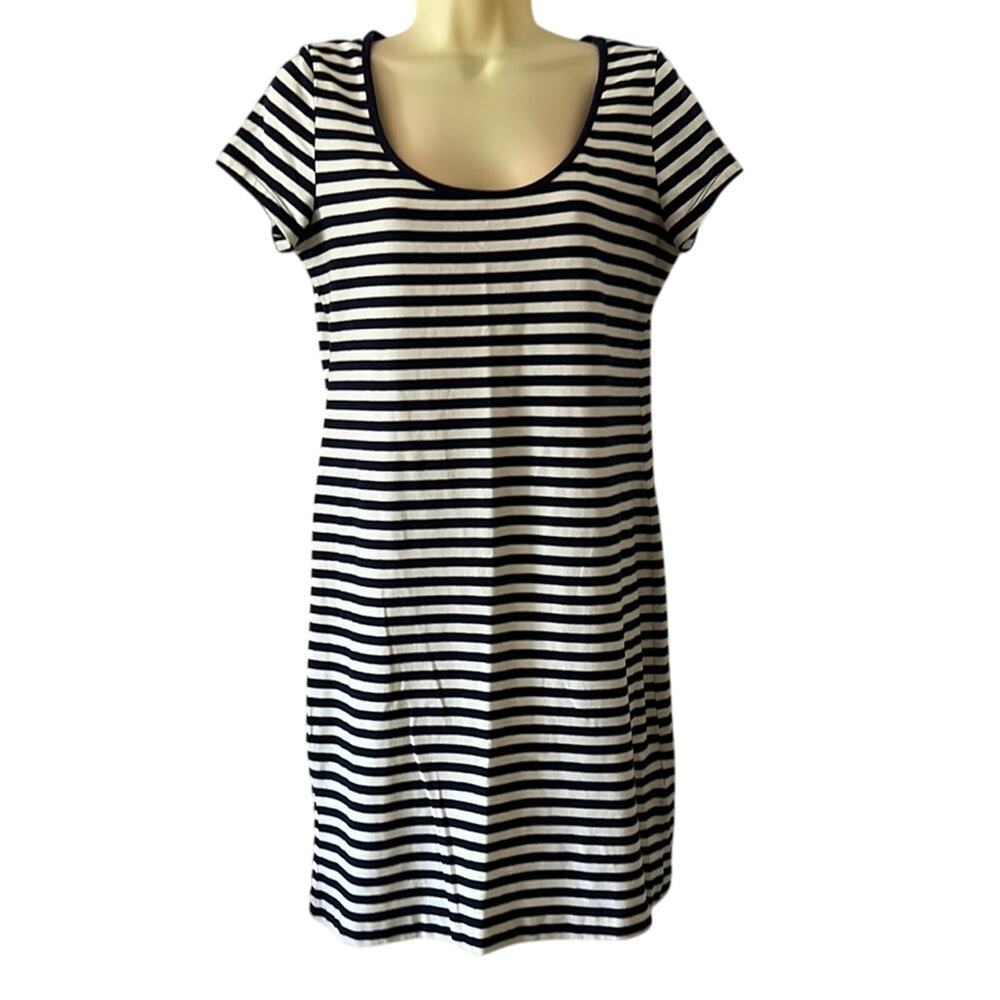 H&M Basic Size L Navy & White Striped Tee Shirt Knit Dress Above Knee Stretch